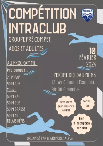 Compétition Intra club le samedi 10 février 2024 à la piscine des Dauphins